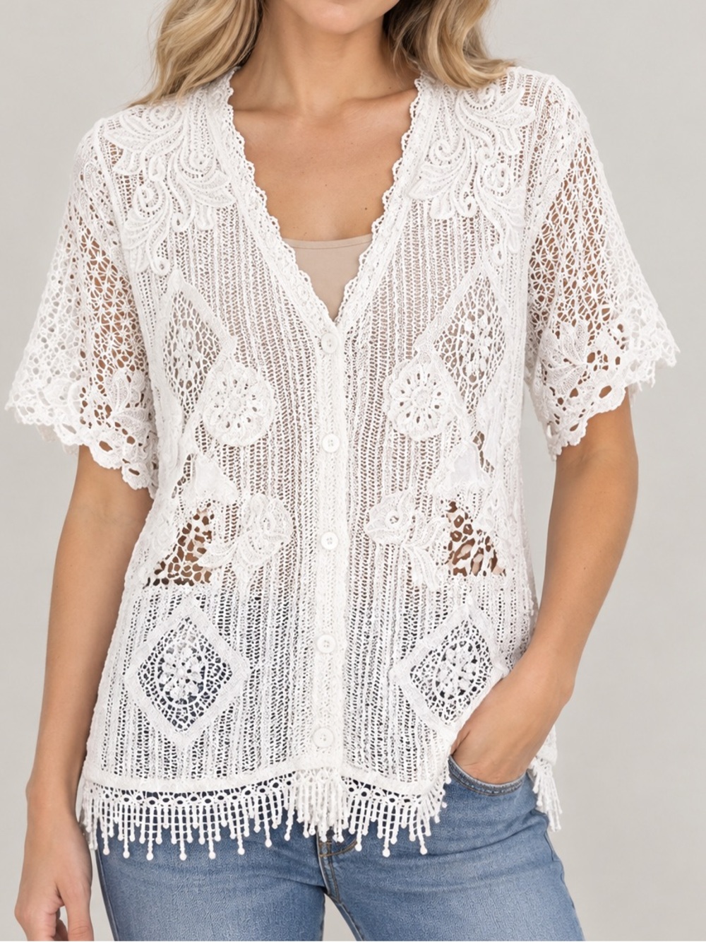 Made in Italy Cotton White Crochet Cardigan Short Sleeve Fringe Hem